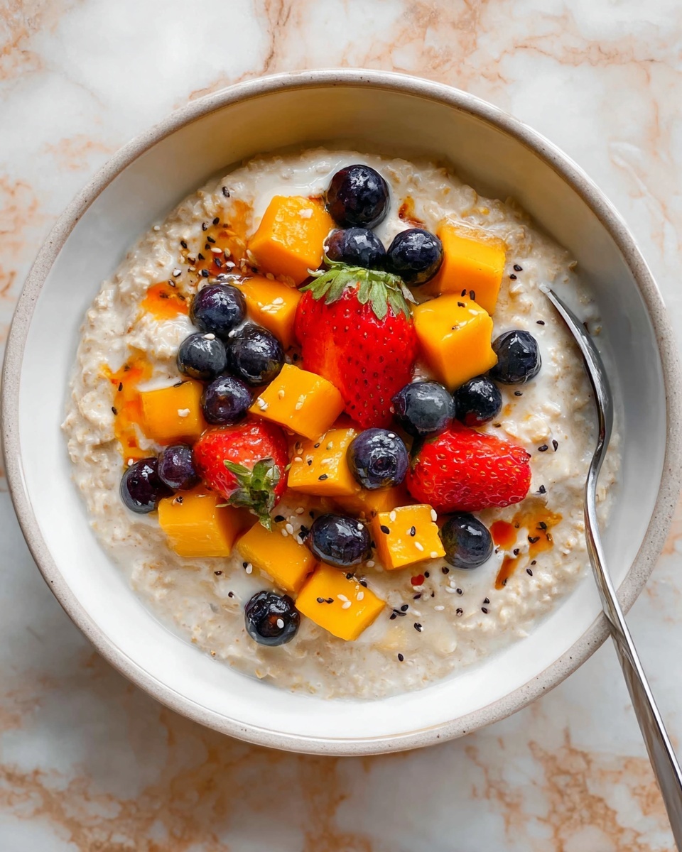 A white bowl filled with creamy oatmeal as the base layer, light beige in color and soft in texture, topped with scattered small bright orange mango cubes, whole dark blue blueberries, and halved red strawberries with green tops, all creating a colorful fruit layer on top. Tiny light-colored seeds are sprinkled over the fruit, adding a speckled texture. A silver spoon is partially placed inside the bowl on the right side. The bowl sits on a white marbled surface. Photo taken with an iphone --ar 4:5 --v 7