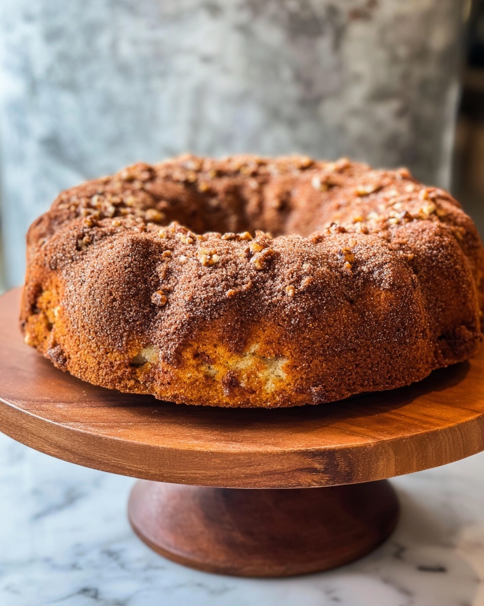 A single-layer bundt cake with a rough, crumbly brown top texture that looks like it has cinnamon sugar and small nut pieces sprinkled all over. The cake has a rich golden-brown color on the sides with a slightly uneven surface showing some darker brown spots. It sits on a round wooden stand with a medium wood tone, while the background is softly blurred with a white marbled texture visible under the stand. photo taken with an iphone --ar 4:5 --v 7