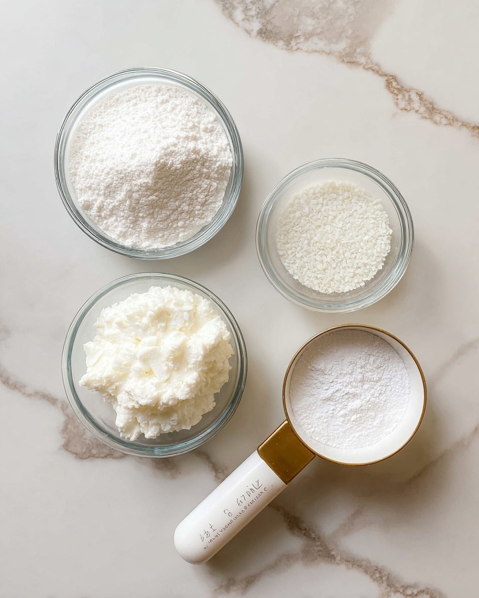 The image shows four containers with ingredients arranged on a white marbled surface. At the top left is a clear glass bowl with a white powdery substance. To its right is another clear glass bowl filled with small white granules. Below them, slightly to the left, is a white bowl holding a fluffy white creamy substance. To the right of this bowl is a white measuring cup with a gold rim and handle, filled to the top with a fine white powder. All items are neatly placed and the focus is clear. photo taken with an iphone --ar 4:5 --v 7