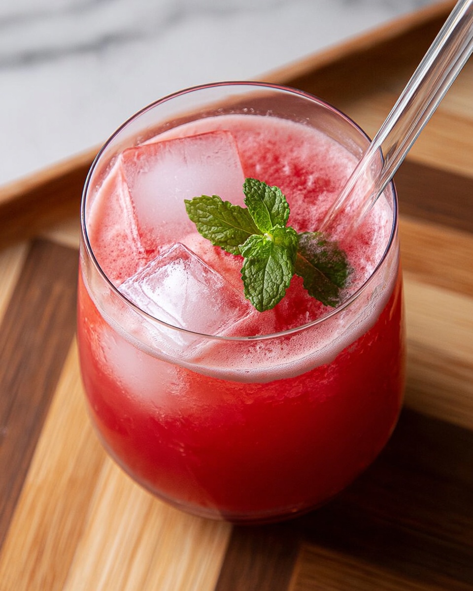 A clear round glass filled with a pink red juice drink with a frothy top layer, containing two large clear ice cubes near the top, and a small sprig of fresh green mint placed in the center. A transparent straw is inserted into the drink on the right side. The glass sits on a wooden textured surface with a light brown and darker brown chevron pattern, and the background is a white marbled texture. Photo taken with an iphone --ar 4:5 --v 7