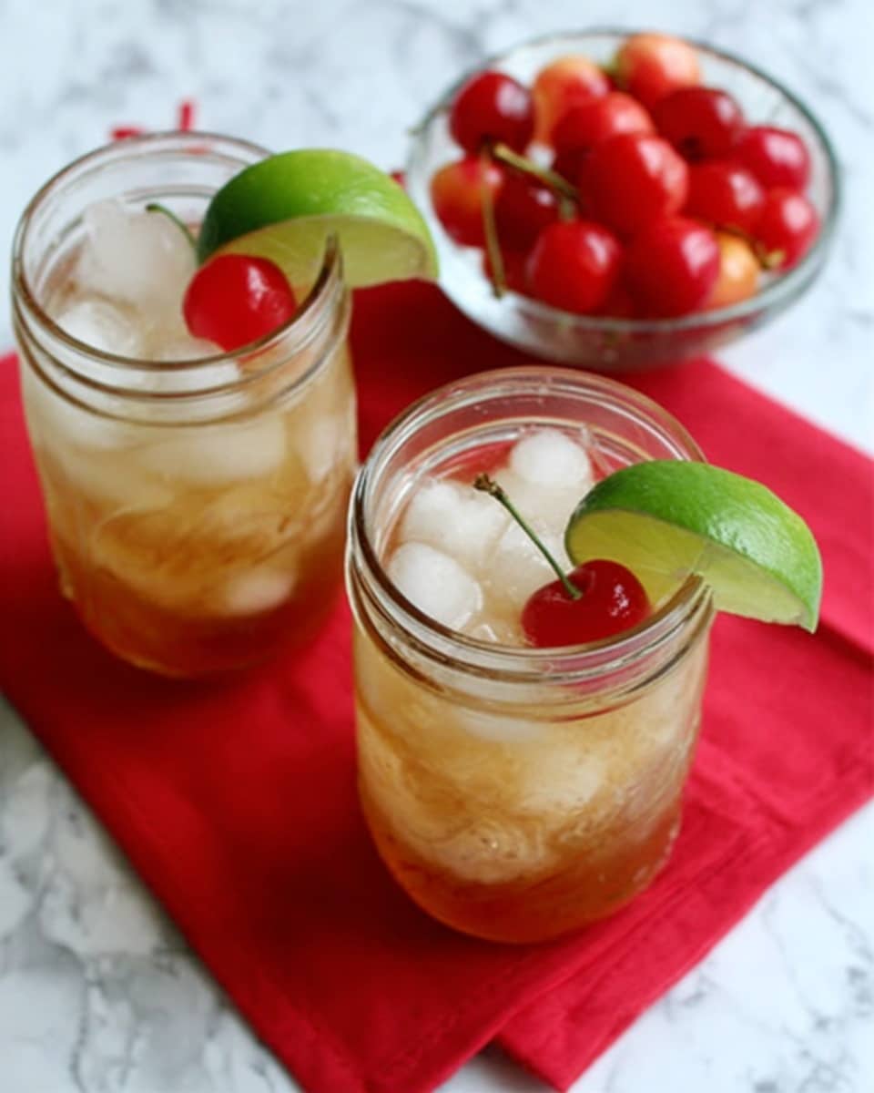 The image shows two clear glass jars filled with a light brown drink and ice cubes. Each jar has a green lime wedge placed on the rim, and two red cherries inside the drink. One jar is closer to the bottom of the picture, while the other is behind it, slightly to the left. Next to the jars, on the right side, there is a small clear bowl filled with red cherries. All items are placed on a bright red cloth, which rests on a white marbled surface. photo taken with an iphone --ar 4:5 --v 7
