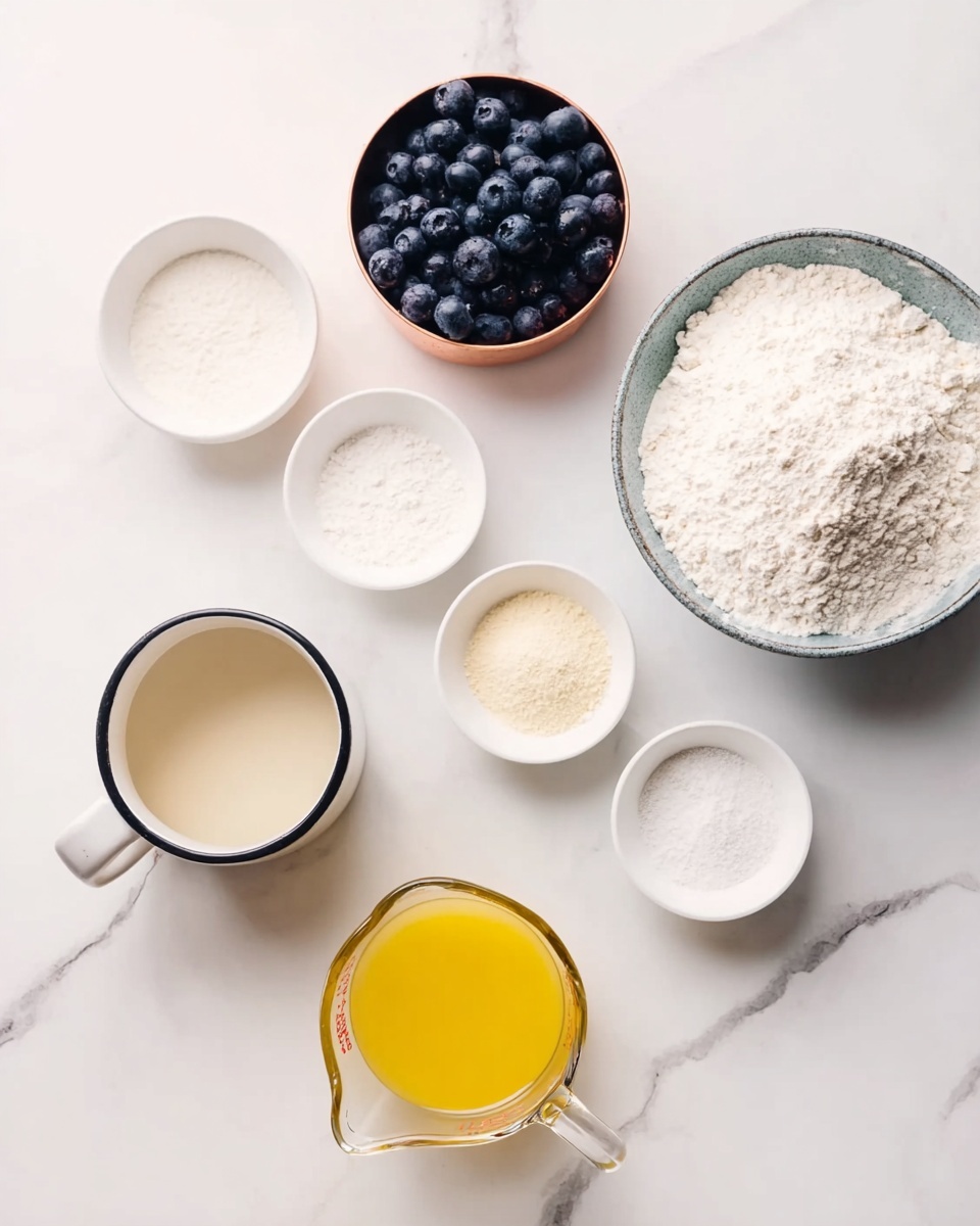 The image shows a clear glass bowl on the top right filled with white flour, surrounded by smaller white bowls and containers with various ingredients. There is a copper cup filled with dark blueberries on the top left. Three small white bowls contain white powders and a light golden liquid. Below, a white mug with a black rim holds a light beige liquid. At the bottom center, a clear measuring cup contains bright yellow liquid, likely juice or melted butter. All items are placed on a white marbled surface, arranged neatly with a clean, bright look. Photo taken with an iphone --ar 4:5 --v 7