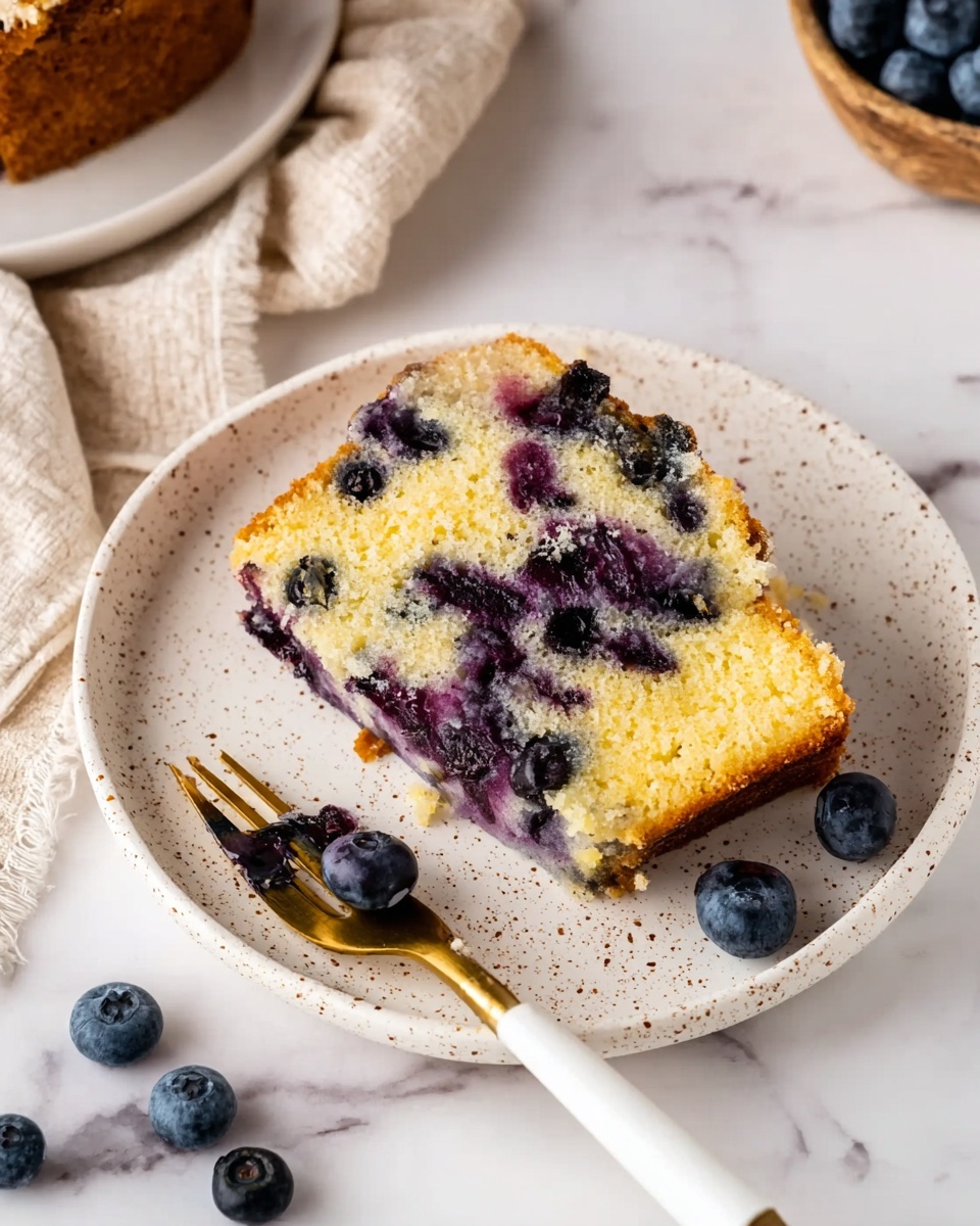 A white plate with light brown speckles holds a slice of blueberry cake, showing two visible layers: a golden-yellow cake base dotted with dark purple blueberries, and a slightly crumbly texture with some blueberries peeking through the top. Next to the slice, five fresh blueberries are scattered. A small piece of the cake is cut and placed in front of the slice with a gold and white fork lying between the two cake pieces. The background is a white marbled texture with part of a light beige cloth and a plate with more blueberries visible on the edges. Photo taken with an iphone --ar 4:5 --v 7