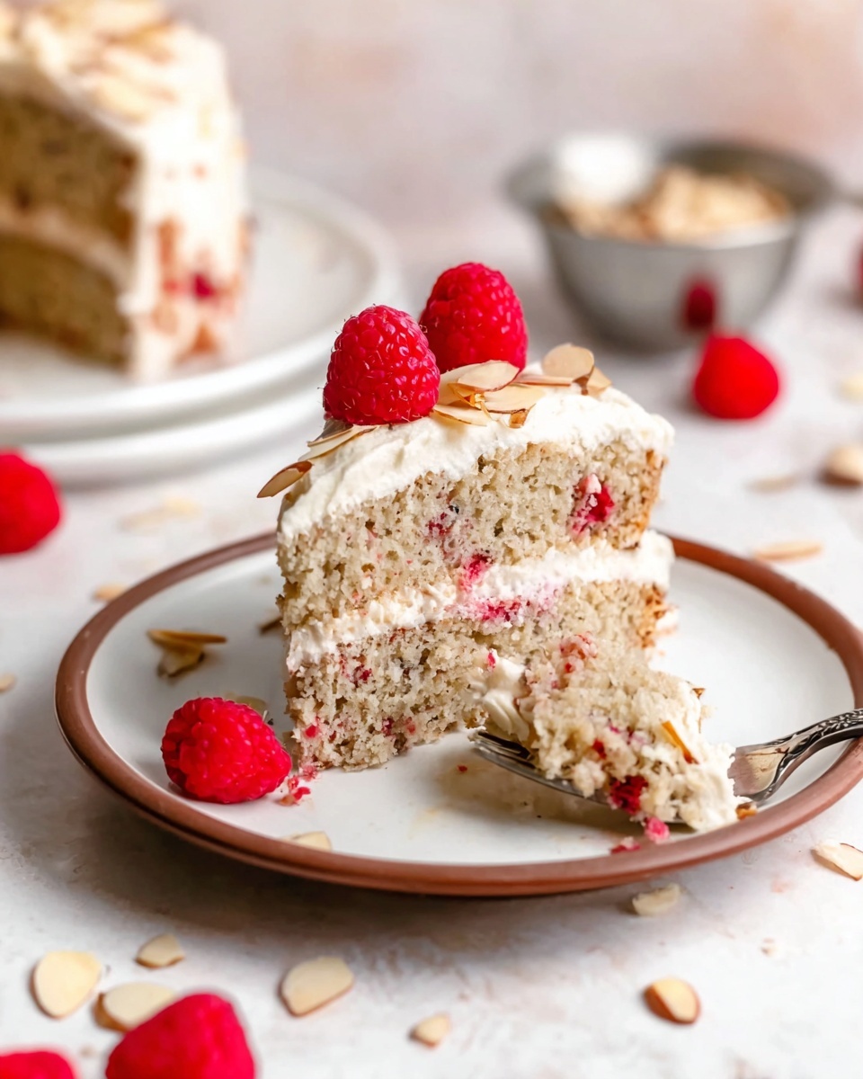 A slice of two-layer light brown cake with visible bits of red fruit inside sits on a white plate with a brown rim on a white marbled surface. The cake is topped with creamy white frosting, small toasted almond slices, and two fresh bright red raspberries on top. A piece of the cake is broken off and placed in front on the plate, showing the soft texture inside. Around the plate, there are scattered almond slices and a few loose raspberries. In the blurred background, another similar slice of cake on a white plate and a small metal bowl with almond slices are visible. photo taken with an iphone --ar 4:5 --v 7