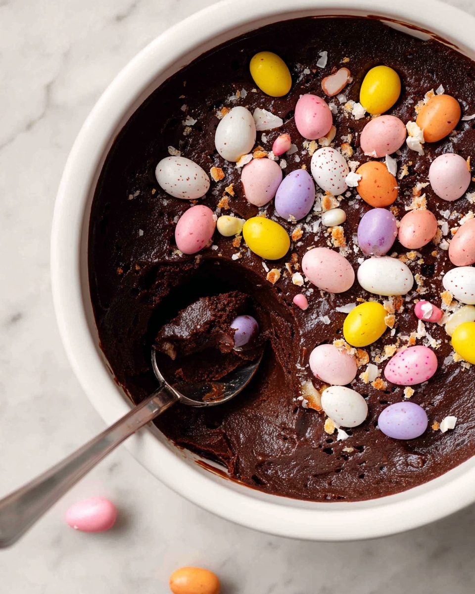 The image shows a white bowl filled with a thick, dark chocolate dessert topped with small, colorful candy eggs in pink, yellow, white, and purple colors, some cracked with bits of shell scattered on top. A spoon is partially dipped into the dessert, creating a small indentation in the middle, revealing a glossy, smooth dark chocolate layer beneath the candy eggs. The bowl rests on a white marbled surface, and a few candy eggs are scattered around it. photo taken with an iphone --ar 4:5 --v 7