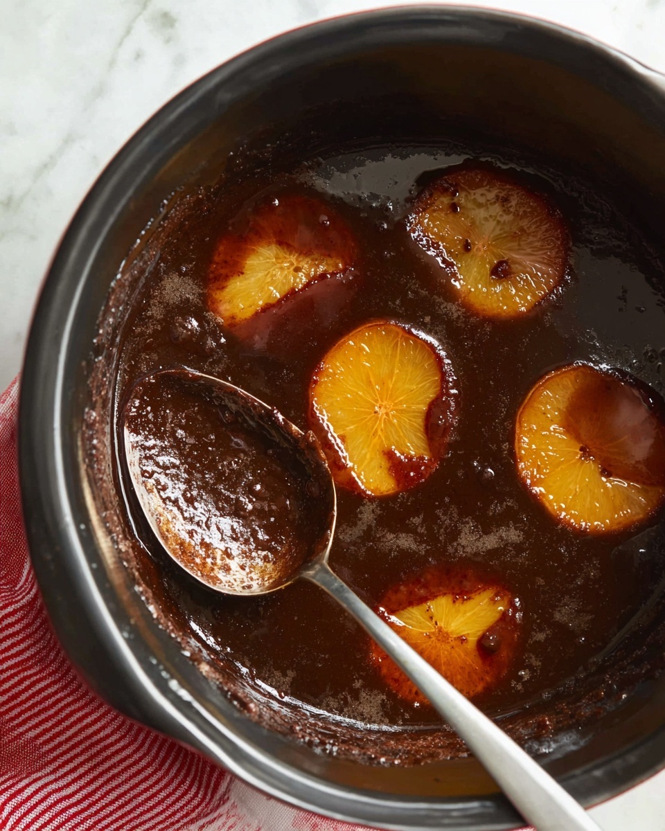Inside a black pot, a dark brown thick sauce with a shiny, slightly wet texture fills most of the space. Floating in the sauce are four bright orange slices that look soft and glossy, arranged unevenly with some partially submerged. A long, thin silver spoon rests diagonally inside the pot, its bowl covered with the dark sauce, reflecting light and showing small uneven clumps in the sauce. The pot sits on a white marbled surface, and a corner of a red and white striped cloth is partly visible at the bottom right. photo taken with an iphone --ar 4:5 --v 7