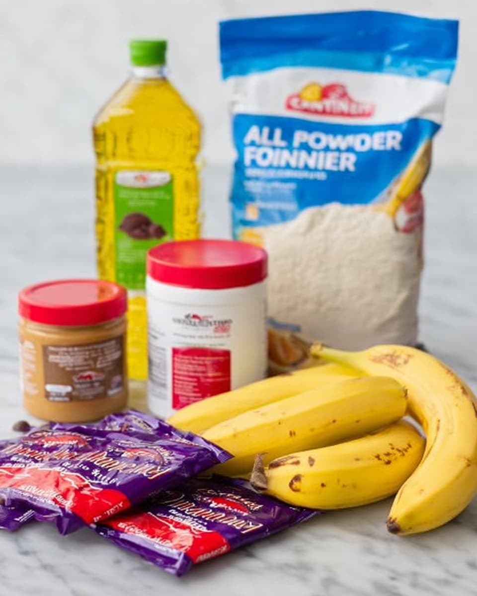The image shows a white marbled surface with several baking ingredients arranged on it. In the back, there is a clear bottle of yellow canola oil with a green label. Next to it on the right is a large blue and white bag of all-purpose flour, and in front of that is a white container of baking powder with a red label. On the left side, there is a jar of creamy peanut butter with a red lid. In the front middle, two red and purple packs of semi-sweet chocolate chips lie flat. On the right side in the front, two ripe bananas with yellow skin and a few brown spots rest on the surface. photo taken with an iphone --ar 4:5 --v 7