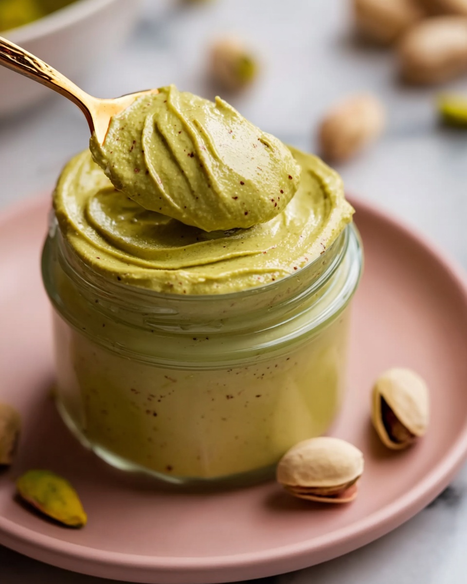 A close-up view of a small glass jar filled with smooth pistachio butter in a thick, creamy texture and light green color with tiny brown specks. The jar is full to the top with soft pistachio butter, and a spoon scoops some out, showing the texture and slight swirls in the butter. The jar sits on a soft pink plate, and a few pistachio nuts with shells are scattered around it on a white marbled surface background. The scene has a warm and inviting feel with soft natural light. Photo taken with an iphone --ar 4:5 --v 7
