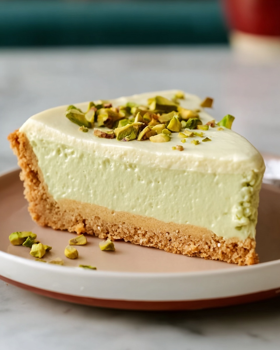 The image shows a slice of pie with three clear layers on a white plate placed on a white marbled surface. The bottom layer is a thick, light brown, crumbly crust. Above it is a thin, smooth, light tan layer. The top layer is thick, creamy, and pale green, with a soft texture. On top, a few small chopped green pistachios are scattered, giving a crunchy contrast. Photo taken with an iphone --ar 4:5 --v 7