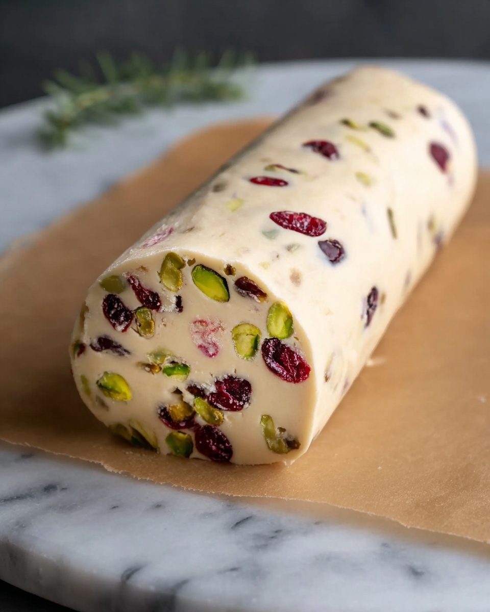 The image shows a single round log of pale dough with a smooth texture, placed on a piece of brown parchment paper over a white marbled surface. The dough contains visible chunks of bright green pistachios and deep red cranberries, scattered throughout the log in irregular patterns. The log is lying horizontally, showing one flat end facing the camera, revealing the colorful nuts and berries inside. The background is softly blurred with hints of green sprigs. The overall look is fresh and neat. photo taken with an iphone --ar 4:5 --v 7
