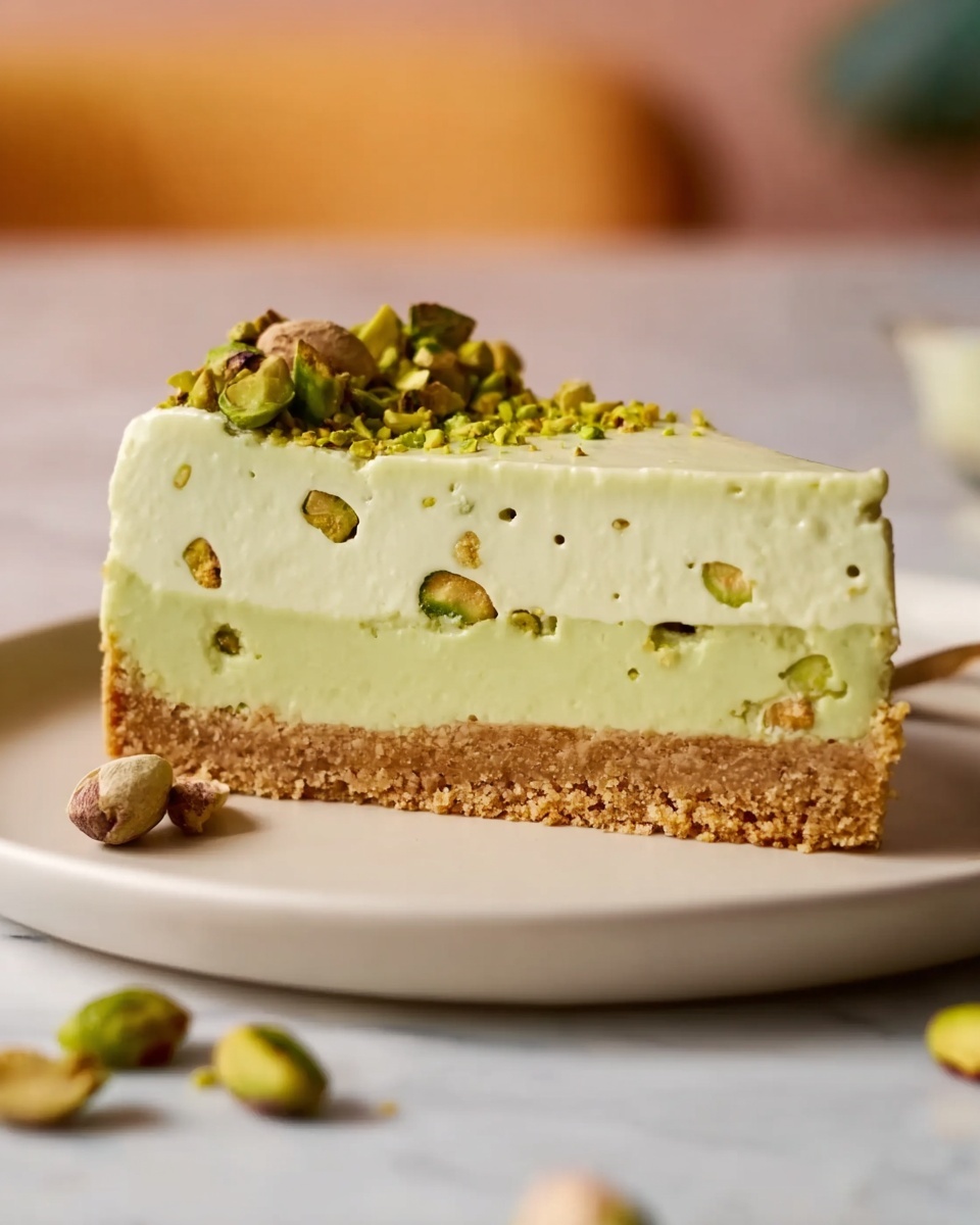 A slice of pistachio cheesecake with three visible layers sits on a white plate. The bottom layer is a light brown, crumbly crust. The middle layer is thick, creamy, and pale green, dotted with whole pistachio nuts inside it. The top layer is smooth and slightly lighter green, with some crushed pistachios sprinkled on one corner. A few whole pistachios are scattered on the white marbled surface beneath the plate. The background is soft and out of focus with a hint of warm color. photo taken with an iphone --ar 4:5 --v 7