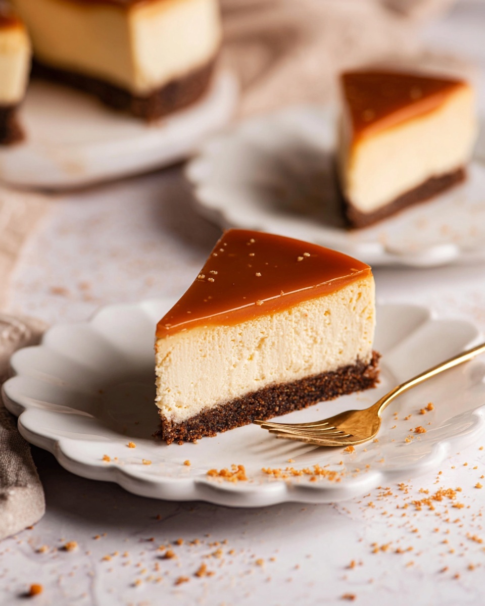 The image shows two slices of cheesecake on white scalloped plates placed on a white marbled textured surface with crumbs scattered around. Each slice has three layers: a thin, dark brown crumb crust at the bottom, a thick creamy pale yellow cheesecake layer in the middle, and a smooth shiny caramel-colored topping covering the top. One slice is closer in the foreground with a gold fork placed in front of it, while the second slice is slightly blurred in the background. The photo taken with an iphone --ar 4:5 --v 7