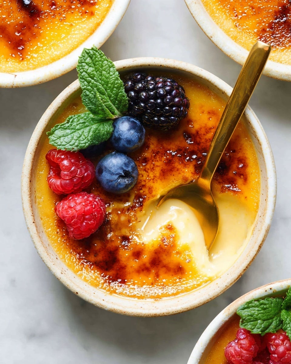 A round white bowl holds a creamy light yellow custard layer topped with a smooth, shiny burnt orange caramelized sugar crust that is cracked open in spots showing the soft custard underneath. On one side, fresh berries including one blackberry, two red raspberries, and three plump blueberries rest on the caramel layer, accompanied by a small sprig of bright green mint leaves. A slender golden spoon is inserted into the custard, breaking the caramel crust. The bowl sits on a white marbled surface, with parts of two other similar bowls slightly visible at the edges. photo taken with an iphone --ar 4:5 --v 7