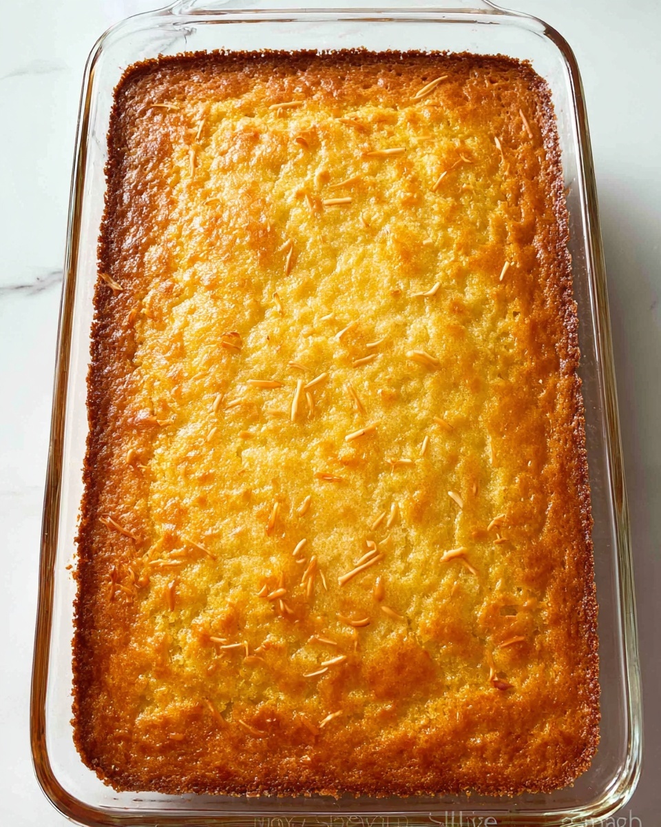A rectangular clear glass baking dish filled with one thick, even layer of golden brown baked cornbread. The top has a slightly rough texture with some small cracks and toasted shredded bits scattered on the surface. The edges are a little darker and crispier than the center. The dish is set on a white marbled surface. photo taken with an iphone --ar 4:5 --v 7