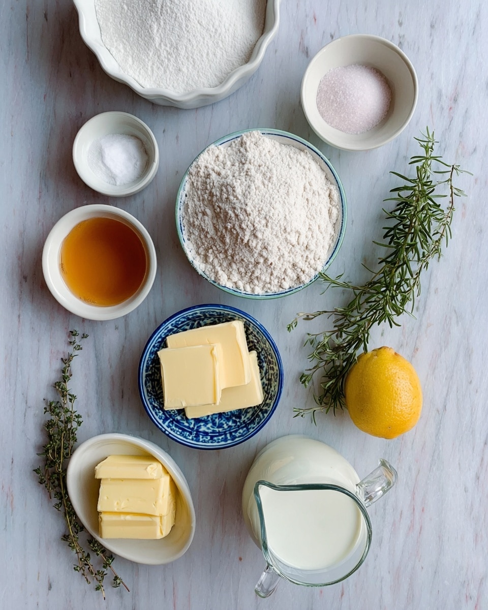 The image shows a top view of baking ingredients neatly arranged on a white marbled surface. There are small white bowls containing white granulated sugar, fine salt, and dry yeast. A larger white bowl holds white flour, and another small bowl with a blue and white pattern contains two slabs of light yellow butter. Next to these, there is a whole yellow lemon, a sprig of green rosemary, and some thyme. A glass measuring jug filled with white milk and a single brown egg are also part of the layout. A small white dish holds golden honey, and in the top left corner, a white pie dish is partially visible. Photo taken with an iphone --ar 4:5 --v 7