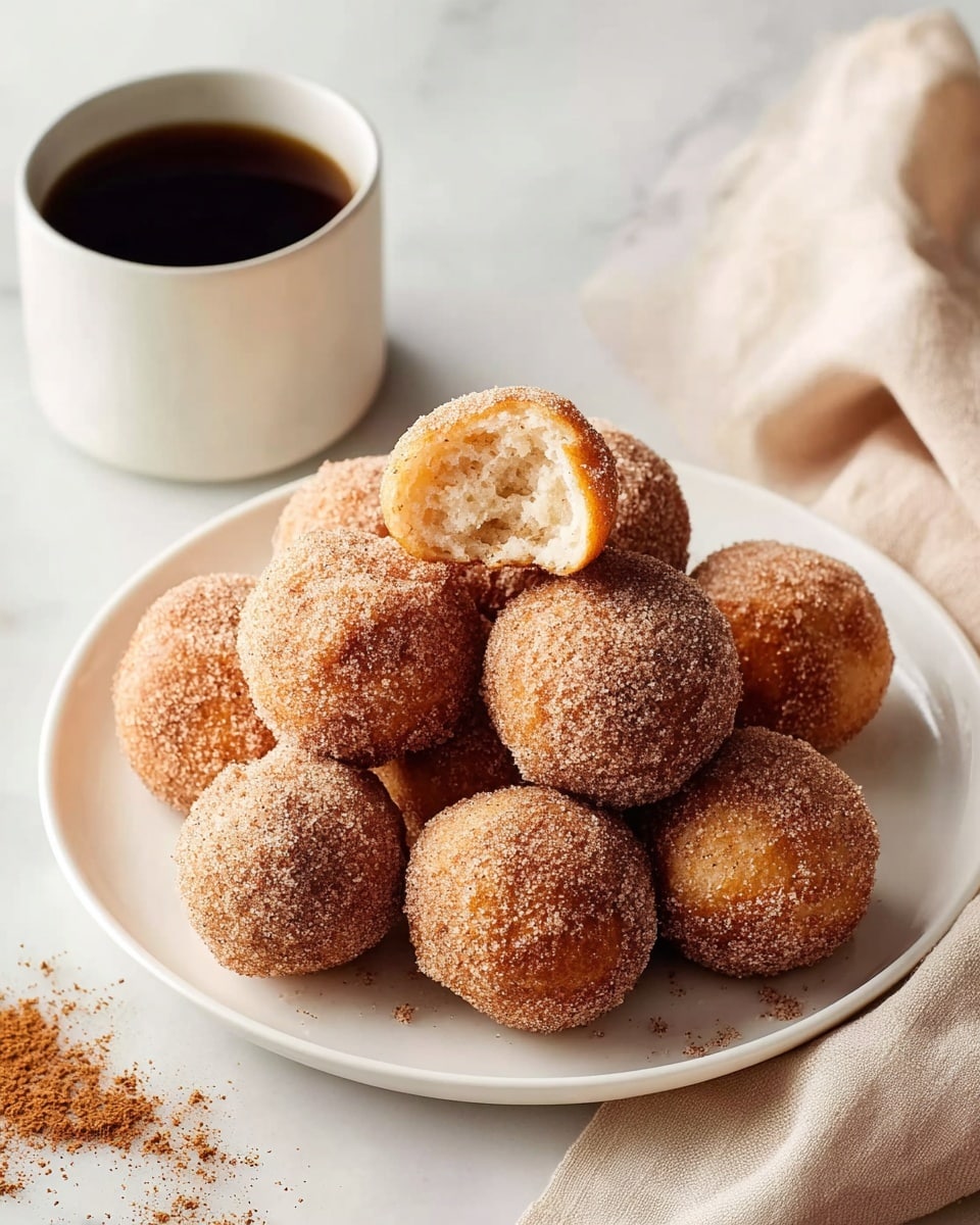 A white plate is filled with a pile of round doughnut holes, about ten in total, all covered in a light brown sugar and cinnamon coating that gives them a slightly rough texture. One doughnut hole is placed on top in the center, showing its soft, airy inside with a bite taken out. To the back left of the plate, there is a white cup filled with a dark coffee. The scene is set on a white marbled surface, and there is a soft beige cloth partly visible to the right, adding a cozy feel. Some cinnamon sugar is sprinkled lightly on the marbled surface near the plate. Photo taken with an iphone --ar 4:5 --v 7