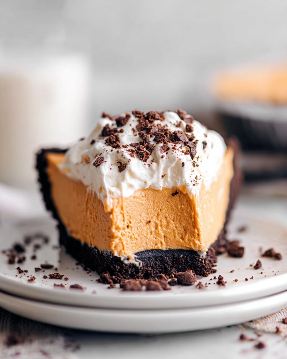 The image shows four steps of making a layered pie filling and assembling it. The first part in a white bowl shows a creamy, thick orange layer being mixed with a grey spatula. The second image adds a large dollop of white whipped cream on top of the orange layer inside the same bowl, with the spatula resting on the side. The third image shows the mixture now combined into a smooth, lighter orange creamy texture inside the bowl, with the spatula swirling through it. The final image displays the smooth orange filling spread evenly over a dark black crumb crust in a white pie plate, sitting on a white marbled surface. The surface of the filling has soft curved lines made by the spreading. Photo taken with an iphone --ar 4:5 --v 7