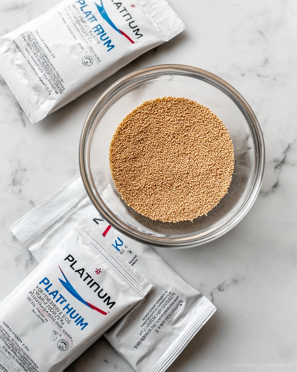 The image shows a clear glass bowl filled with small, light brown yeast granules, placed in the center on a white marbled surface. Around the bowl, there are three white packets of platinum superior baking yeast with visible black and red text and blue star logos. One packet is partly open and lays diagonally at the top left, another is flat at the bottom right, and the third lies underneath the top left packet, slightly covered but showing the text and logos. The overall scene is bright and clean, focused on the yeast and its packaging. photo taken with an iphone --ar 4:5 --v 7