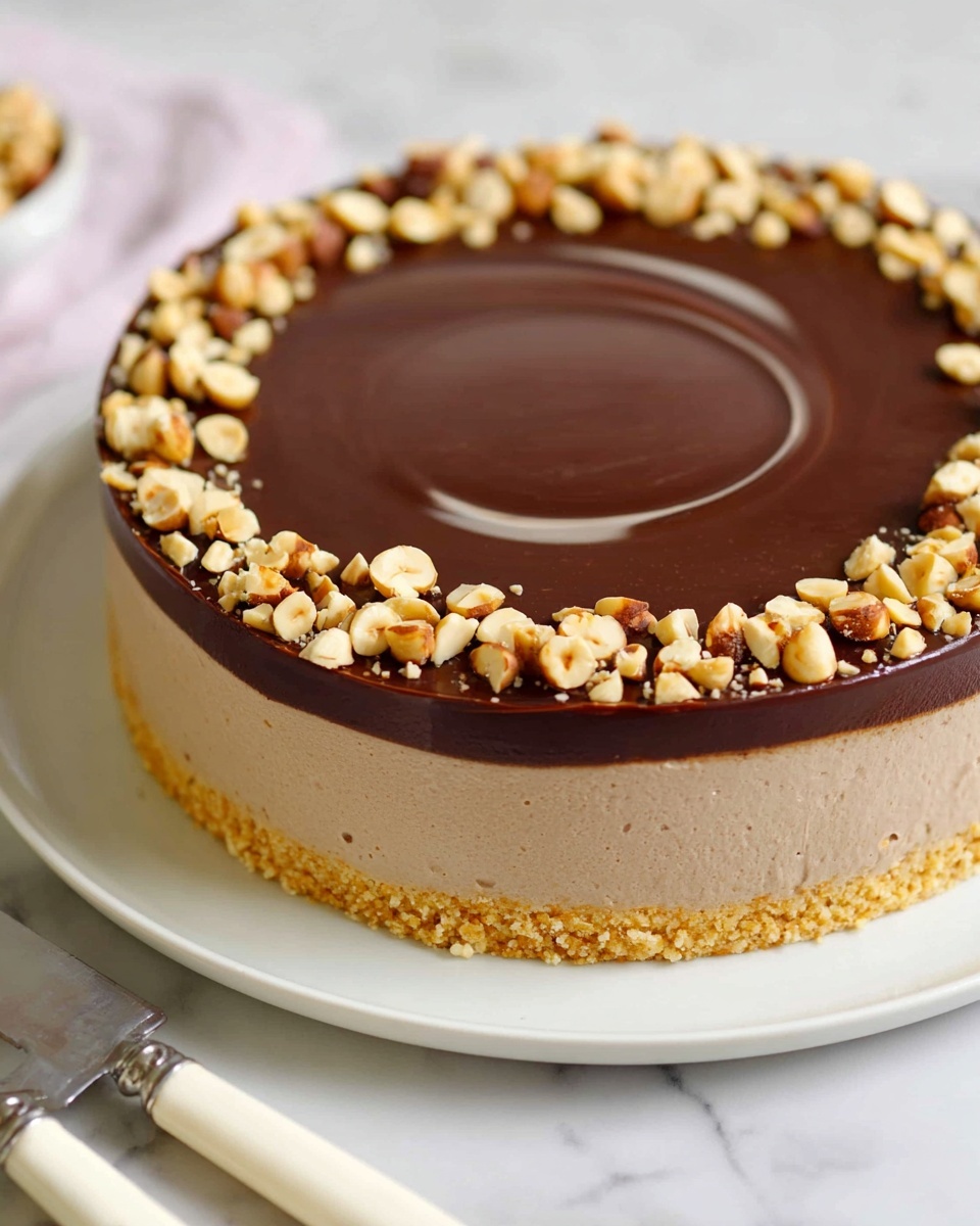 The image shows a round layered cake on a white plate placed on a white marbled surface. The cake has three clear layers: the bottom layer is a thin, golden crumb crust; the middle layer is a thick, smooth light brown mousse-like layer; and the top layer is a shiny, smooth dark chocolate glaze with gentle swirls. Around the edge of the top layer, there is a ring of roughly chopped, toasted hazelnuts, adding a textured, light beige contrast to the dark glaze. A fork and a knife with white handles are placed nearby. photo taken with an iphone --ar 4:5 --v 7