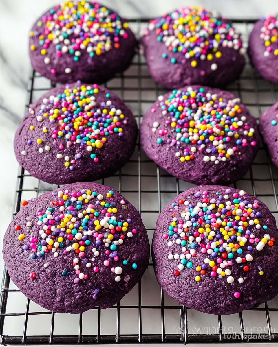 This image shows eight round purple cookies placed close together on a cooling rack with a black grid. Each cookie is thick with a rough, soft-looking texture and is topped with many small, round colorful sprinkles including white, yellow, red, blue, green, and pink. The cookies appear fresh and soft, and the cooling rack rests on a white marbled surface. photo taken with an iphone --ar 4:5 --v 7