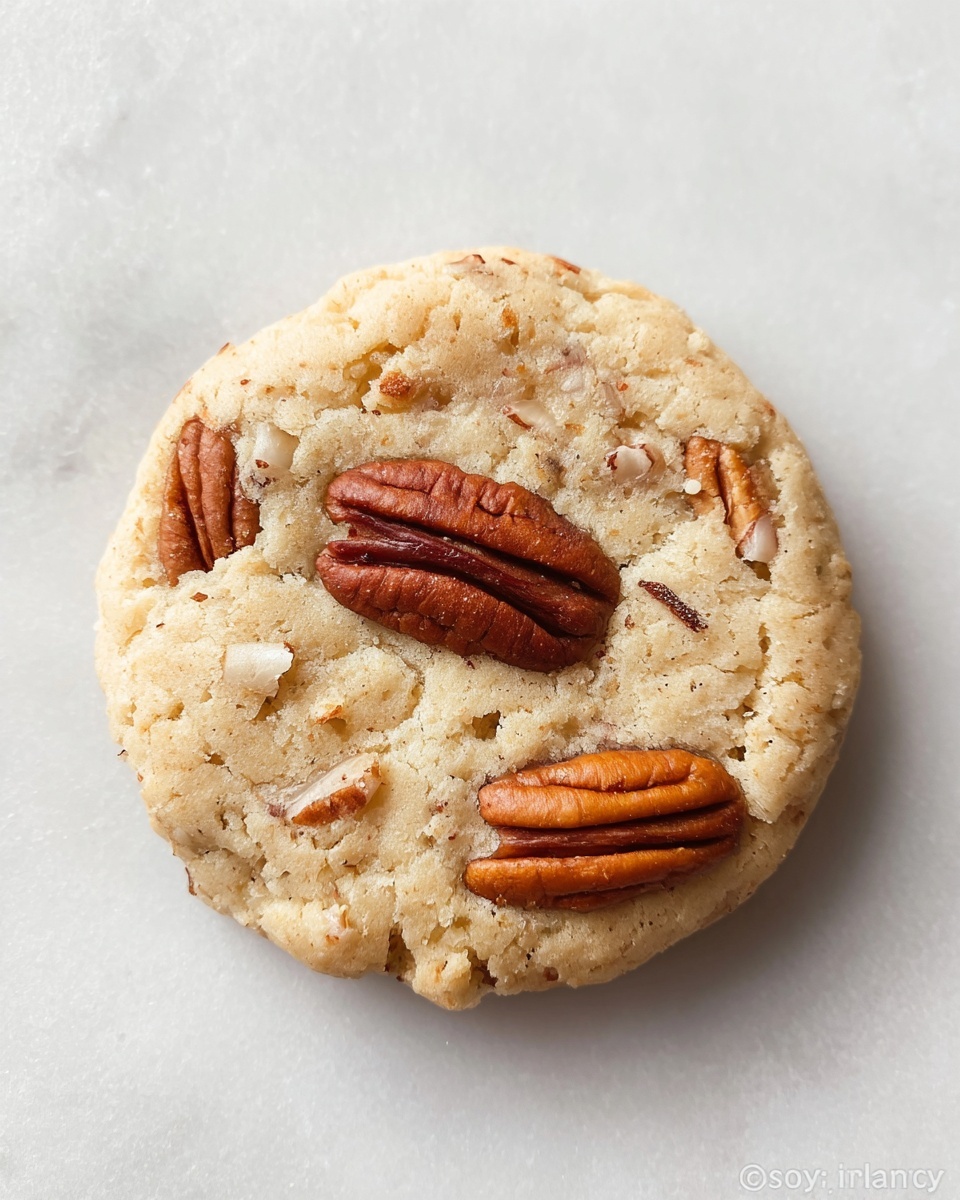 A single round cookie with a soft, slightly crumbly texture sits on a white marbled surface. The cookie is light golden brown in color with small white bits mixed inside, showing a chewy texture. On the top, three whole pecan halves with rich brown color are pressed into the cookie evenly, giving a contrasting texture and a nutty look. The edges of the cookie are gently rounded and slightly darker, suggesting it is freshly baked. The overall look is warm and inviting. photo taken with an iphone --ar 4:5 --v 7