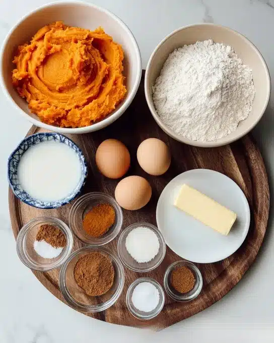 The image shows a white marbled surface with a round dark wooden board on top, holding several small white and clear bowls filled with baking ingredients. Starting from the top, there is a large white bowl filled with mashed orange sweet potato, a beige bowl with white flour, and a white bowl with milk that has a blue patterned rim. On the circular board, there are two brown eggs in a white bowl, a small white bowl containing white powder, an orange bowl with brown sugar, a clear bowl with cinnamon, a clear bowl with white salt, and a clear bowl with another white powder. A stick of pale yellow butter rests on a white plate on the board. The arrangement is neat and colorful with contrasting textures and colors. Photo taken with an iphone --ar 4:5 --v 7