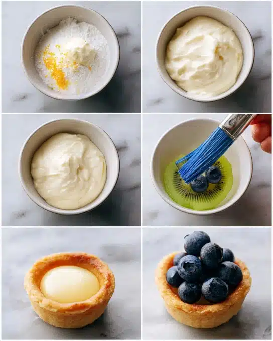 The image shows six steps of making small fruit tarts, all on a white marbled surface. The first step is a white bowl with cream cheese, powdered sugar, butter, and a dollop of sour cream, with orange zest on top, all separate in the bowl. The second step shows the same bowl but now with the ingredients mixed into a smooth creamy pale color. The third step is a close-up of a small cookie cup filled with the creamy mixture, golden brown and round with a smooth white filling inside. The fourth step shows the same cookie cup now topped with three plump blueberries. The fifth step captures a woman's hand holding a blue pastry brush, gently brushing a shiny glaze over the blueberries on the tart, with a slice of green kiwi visible at the edge. The last step shows the finished fruit tart with glazed blueberries on top of the creamy filling in the golden cookie cup. photo taken with an iphone --ar 4:5 --v 7