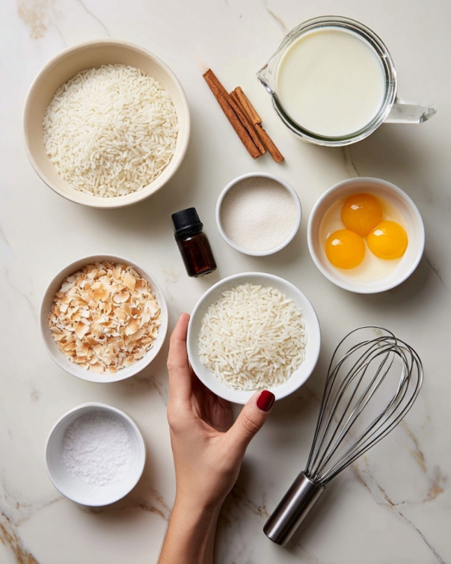 A white bowl full of uncooked white rice is held by a woman's hand with dark red nail polish on the left side. Below it is a smaller white bowl with toasted coconut flakes that are light brown and beige. Next to it is a small dark brown bottle labeled vanilla. To the right of these is a white bowl filled with granulated white sugar. Above this sugar bowl is a small white bowl with three raw egg yolks that are bright yellow-orange. To the upper right of the egg yolks are a single cinnamon stick and a small white bowl with white salt. To the top center is a clear glass jug filled with whole milk, and next to it on the right is an open silver can filled with white coconut milk. A metal whisk lies on the right edge. All items sit on a white marbled surface with light brown veins. Each ingredient has a small paper label in black handwritten text placed nearby. Photo taken with an iphone --ar 4:5 --v 7