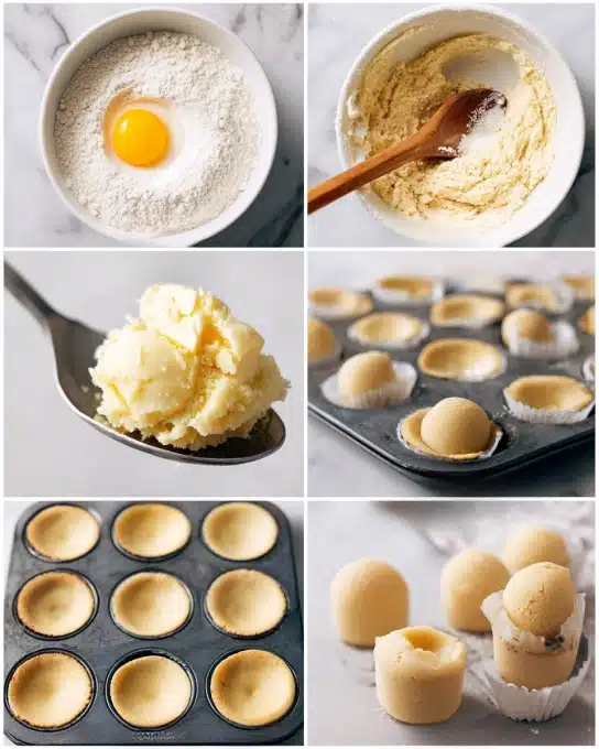 The first image shows a white bowl with white cookie mix, a slice of butter, and a yellow egg yolk set on a white marbled surface. The second image shows the same bowl now filled with mixed, creamy light yellow sugar cookie batter, with a wooden spoon resting inside. The third image is a close-up of a tablespoon measuring spoon holding one scoop of the cookie batter, textured and creamy light yellow. The fourth image is a metal muffin tray with small smooth dough balls rolled and placed inside each white cup. The fifth image shows the muffin tray after baking, with a silver measuring spoon pressing down the center of one round cookie, making an indentation. The sixth image shows golden brown hollowed cookie cups cooling on a black wire rack with a crisp texture. Photo taken with an iphone --ar 4:5 --v 7