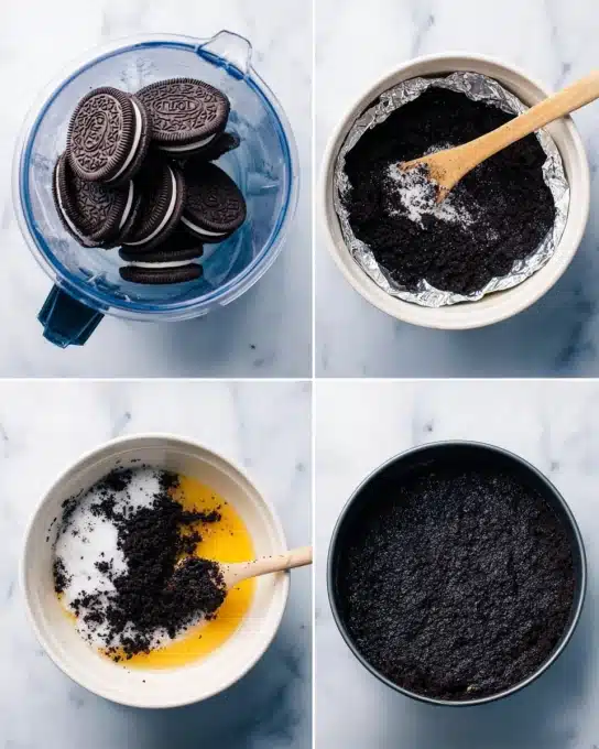 Chocolate Cheesecake with Ganache and Whipped Cream Recipe 4 The images show the making of an Oreo crust in four steps, all placed on a white marbled surface. First, whole Oreo cookies with dark brown and creamy white filling are inside a clear blender container, stacked loosely. Second, a white bowl contains dark black Oreo crumbs mixed with white sugar, melted yellow butter, and a pinch of salt, with a wooden spoon stirring the ingredients. Third, in the same white bowl, the dark crumb mixture is moistened and thicker, with the wooden spoon pressing into it as it is mixed well. Lastly, the dark Oreo crust is evenly pressed at the bottom of a round black springform pan lined with silver foil around the edges. photo taken with an iphone --ar 4:5 --v 7