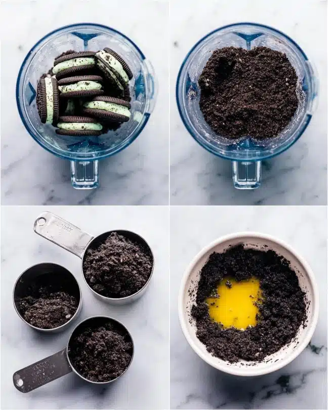 The image shows four steps of making an Oreo crumb mixture. First, whole mint Oreos with dark brown cookies and light green cream centers sit inside a clear blender container. Next, the crushed Oreo crumbs, very dark brown and fine, fill the blender container. Then, three metal measuring cups with different sizes hold the dark brown crumbs on a white marbled surface. Finally, a white bowl contains the dark brown Oreo crumbs with melted yellow butter on top, mixing the ingredients. The photos all have bright lighting and clear close-up views. Photo taken with an iphone --ar 4:5 --v 7