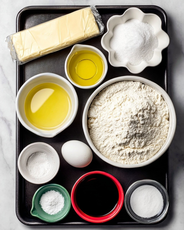 A dark tray holds several white bowls with different baking ingredients, placed on a white marbled surface. On the top left is a stick of pale yellow butter wrapped in paper. To its right is a flower-shaped white bowl filled with yellow vegetable oil. Below butter, a round white bowl is filled with white powdered sugar, and next to it on the right, a small white bowl contains white baking soda. Below the powdered sugar is a large round white bowl filled with off-white flour. Next to it on the right, a small red bowl contains white baking powder. Below the baking powder, a small clear bowl holds white salt, while next to it on the left, a small green bowl holds dark brown vanilla extract. A whole white egg is positioned between the vegetable oil and baking powder bowls. All labels in black text on white backgrounds identify each ingredient. photo taken with an iphone --ar 4:5 --v 7