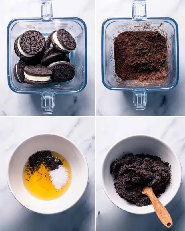 The image shows four steps of making a crushed cookie base, each in a separate square layout on a white marbled surface. In the top left square, many whole dark chocolate sandwich cookies with white cream filling are placed upright inside a clear blender jar. The top right square displays the cookies blended into fine dark brown crumbs evenly filling the bottom of the clear blender jar. The bottom left square has a white bowl containing the dark cookie crumbs mixed with a small pool of shiny melted golden butter and a small pinch of salt on one side, with a wooden spoon resting inside. The bottom right square shows the dark crumb mixture after being stirred, clumpy and moist, still in the white bowl with the wooden spoon lying on the mixture. photo taken with an iphone --ar 4:5 --v 7