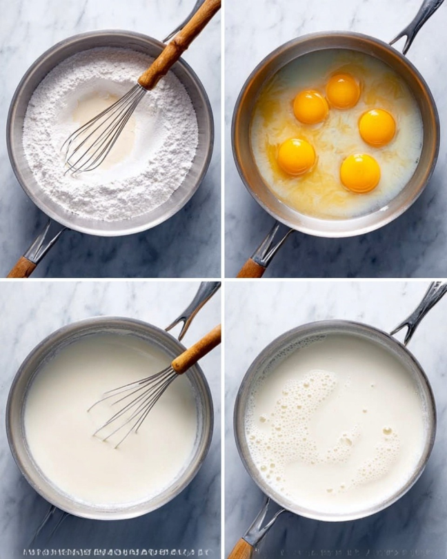 The image shows four stages of making a creamy mixture in a round silver metal pan placed on a white marbled surface. The first stage shows the bottom of the pan covered with a white powdery mix of sugar, salt, and cornstarch with a whisk that has a wooden handle resting inside. The second stage shows four raw yellow egg yolks sitting on top of the white powder inside the pan. The third stage shows some milk poured in, partially covering the egg yolks, with bubbles visible on the liquid surface. The fourth stage shows the pan nearly full with a smooth white liquid made from a mix of heavy cream with the milk and egg yolks, with a few small bubbles on top. Photo taken with an iphone --ar 4:5 --v 7