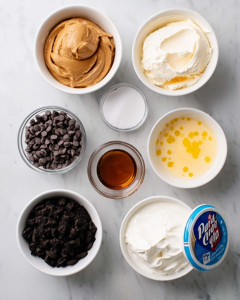 The image shows several white bowls on a white marbled surface, each holding different ingredients for a recipe. In the center is a bowl with a smooth brown scoop of peanut butter. Above it to the right is a bowl of creamy white cream cheese with a silky texture. To the right of the peanut butter is a smaller bowl filled with melted yellow butter showing a few white spots. Above the peanut butter sits a bowl of white sugar with a fine grain texture. Below and to the left of the peanut butter is a bowl of crushed dark Oreo crumbs with a powdery texture. Next to it on the left is a clear container filled with small round chocolate pieces having a shiny surface. Below the peanut butter is a small bowl with a dark amber liquid of vanilla extract. A tiny white bowl holds a small amount of white salt. A round container of whipped cream is partially visible in the bottom right corner with a blue lid that has white and red lettering. photo taken with an iphone --ar 4:5 --v 7