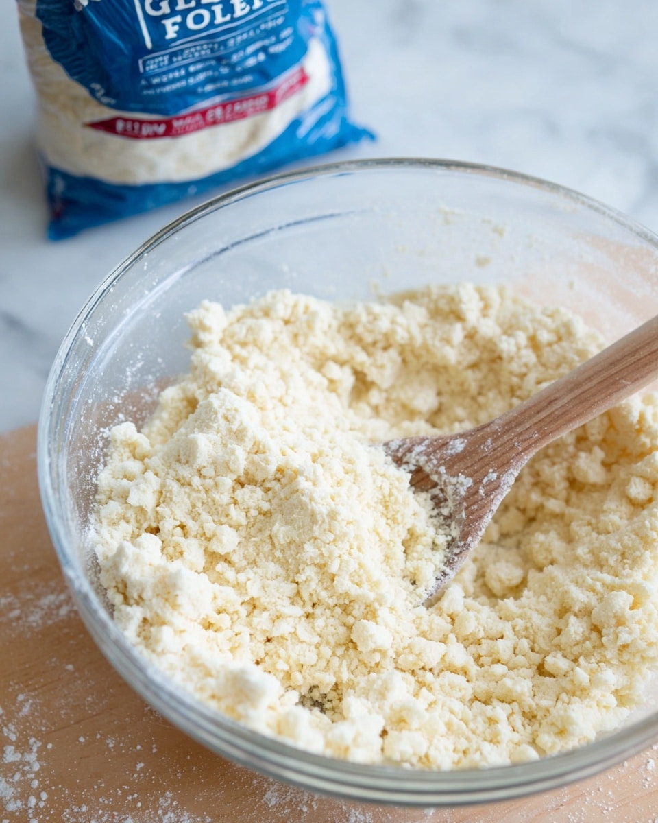 A clear glass bowl is filled with a crumbly, pale yellow mixture that has a coarse texture with small and larger clumps throughout. A wooden spoon is partially buried in the mixture, with the handle pointing outward. The bowl sits on a white marbled surface dusted lightly with some scattered flour around it. In the background, there is a partially visible bag of blue and white baking flour standing upright, slightly out of focus. Photo taken with an iphone --ar 4:5 --v 7