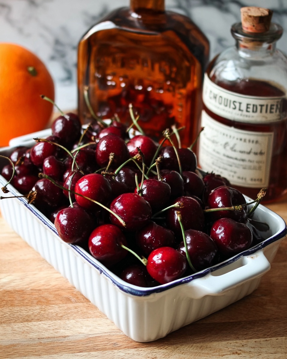 A white rectangular dish filled with many shiny, dark red cherries all with green stems, the cherries tightly packed and glossy. Behind the dish, there is a portion of an orange and two bottles, one larger amber bottle and a smaller one with a white label. The scene is set on a light wooden surface with a white marbled background. photo taken with an iphone --ar 4:5 --v 7