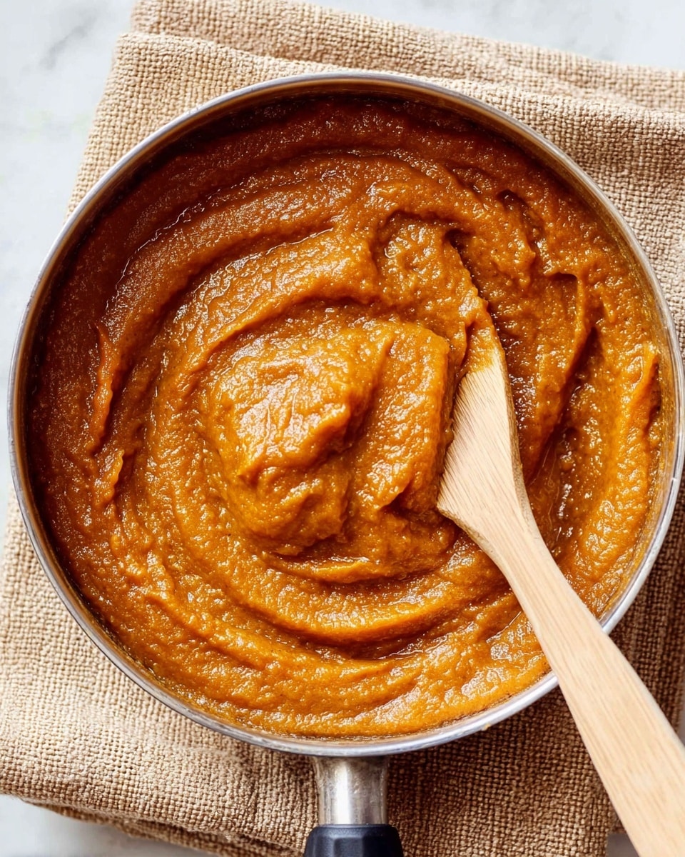 A close-up view of a small metal saucepan filled with thick, smooth orange-brown pumpkin puree that has a slightly glossy texture. The puree is swirled in the pan with a light wooden spoon partially dipped into it on the right side. The pan rests on a light brown textured towel on a white marbled surface. photo taken with an iphone --ar 4:5 --v 7