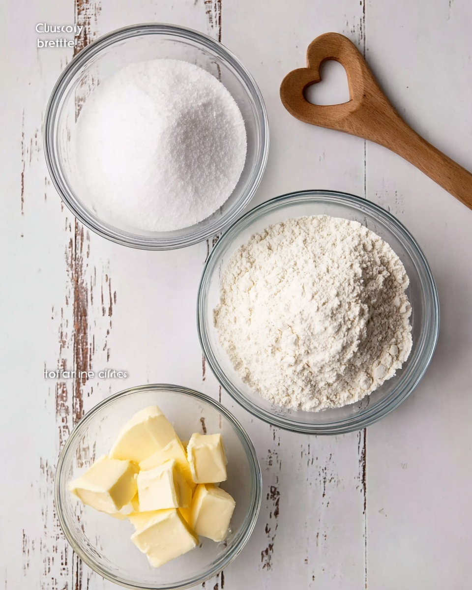 Three clear glass bowls are placed on a white marbled textured surface with worn, chipped white paint showing soft brown wood underneath. The largest bowl on the right is filled with white flour with a slightly uneven surface. Above it to the left is a medium bowl filled with fine white sugar with a smooth top. Below the sugar bowl, a smaller bowl holds three chunks of pale yellow butter with soft edges. On the upper right side of the image, a wooden spoon with a heart-shaped cutout at the center lies on the surface. photo taken with an iphone --ar 4:5 --v 7