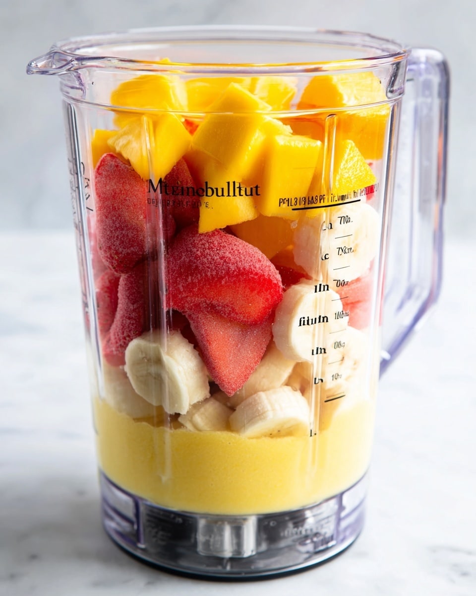 The image shows a clear blender cup filled with layers of fresh fruits and juice ready to blend. At the bottom layer, there is a yellow liquid that looks smooth and bright. Above this, there is a middle layer of red strawberries that appear frozen, with a slightly frosted texture. Next, there is a layer of sliced banana pieces that are creamy white with a soft texture. At the top, there are yellow mango chunks that look firm and fresh. The blender cup has clear black measurement markings on the side and sits on a base with metal and clear plastic parts. The surrounded surface is a white marbled texture photo taken with an iphone --ar 4:5 --v 7