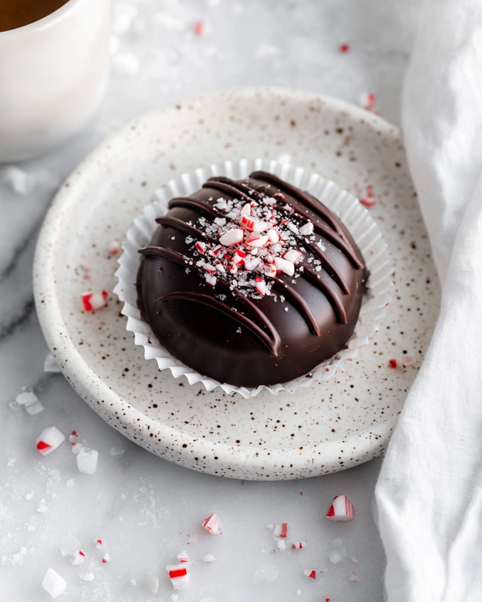 A single round chocolate dessert sits in a white paper liner on a white speckled plate. The dessert has a smooth dark chocolate dome shape with a shiny texture. On top, thick dark chocolate lines run across the dome, and crushed red and white peppermint pieces are sprinkled over the center. Around the plate and white marbled surface, small peppermint bits and sugar cubes are scattered lightly. A white cloth is softly folded to the right side of the plate. photo taken with an iphone --ar 4:5 --v 7