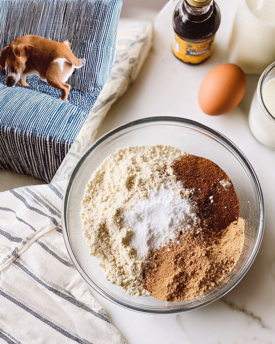 A clear glass bowl sits on a white marbled surface, filled with separated layers of dry ingredients in a circle shape: light beige flour on one side, light brown ginger powder next to it, medium brown cinnamon powder, and white baking soda forming a small mound overlapping the powders. Around the bowl are a brown egg, a bottle of vanilla extract, a bottle of another ingredient, and a jug of milk, all resting on a striped white cloth. photo taken with an iphone --ar 4:5 --v 7