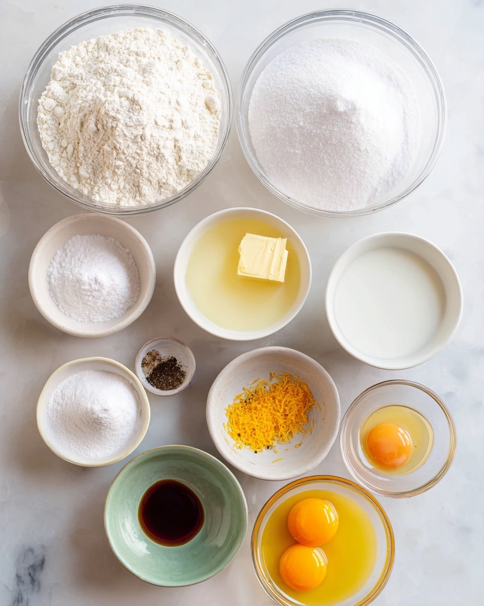 The image shows ten small bowls arranged on a white marbled surface, each holding a different baking ingredient. The top left has a large clear bowl full of white flour next to another large clear bowl filled with white granulated sugar. Below them, there is a small white bowl with a pale yellow liquid, a medium white bowl filled with white milk, and a medium white bowl with melted yellow butter. Towards the bottom left, there is a medium white bowl with white powder, a very small white bowl with white baking powder, and a very small white bowl containing dark brown vanilla extract. Next to these is a small clear bowl holding orange-yellow grated zest, a small pale green bowl with black pepper, and a small clear bowl at the bottom right with two raw eggs, bright yellow yolks visible through the clear sides. All bowls are neatly spaced on the white marbled surface photo taken with an iphone --ar 4:5 --v 7