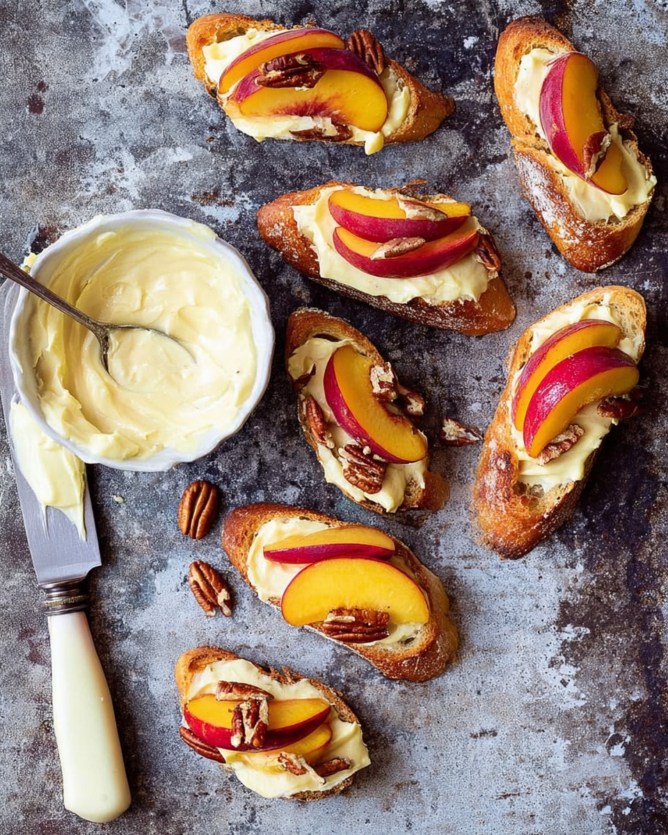 The image shows six pieces of toasted baguette slices arranged on a dark textured surface, each topped with a thick spread of creamy light yellow cheese. On top of the cheese layer, there are thin slices of red and yellow peach, slightly curved, and scattered toasted pecans for crunch. A round white bowl filled with the same creamy cheese is placed near the bottom left, with a silver butter knife resting nearby, its handle cream-colored. The background is a white marbled texture, adding a clean contrast to the warm colors of the toast toppings. photo taken with an iphone --ar 4:5 --v 7