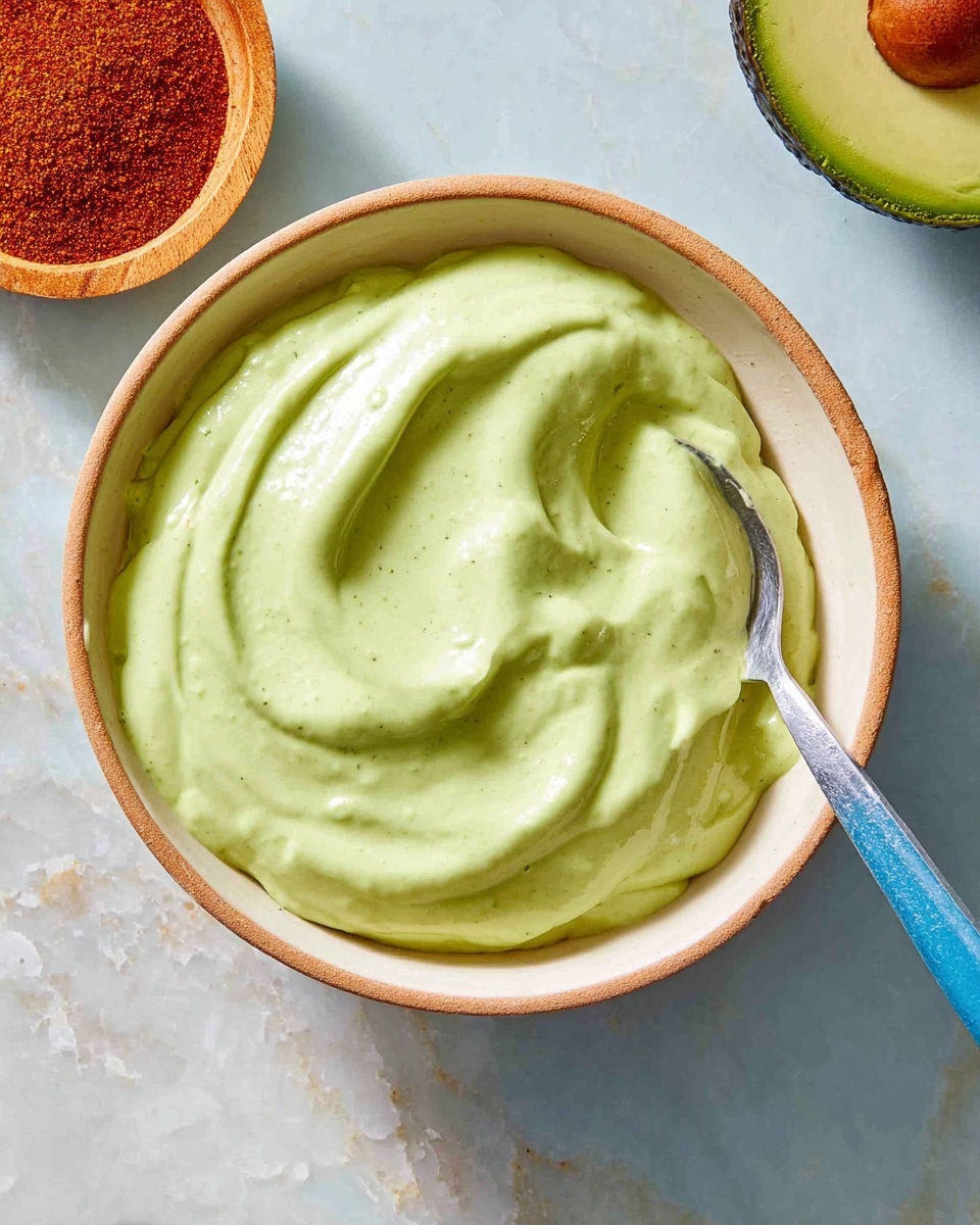 A light green creamy sauce with a smooth and slightly thick texture fills a round white bowl with a beige rim. The surface of the sauce has soft swirls, and a metal spoon with a blue handle rests inside, coated with the sauce. The bowl sits on a white marbled texture with a small wooden bowl containing reddish-brown powder to the side and a hint of a halved avocado in the top right corner. photo taken with an iphone --ar 4:5 --v 7