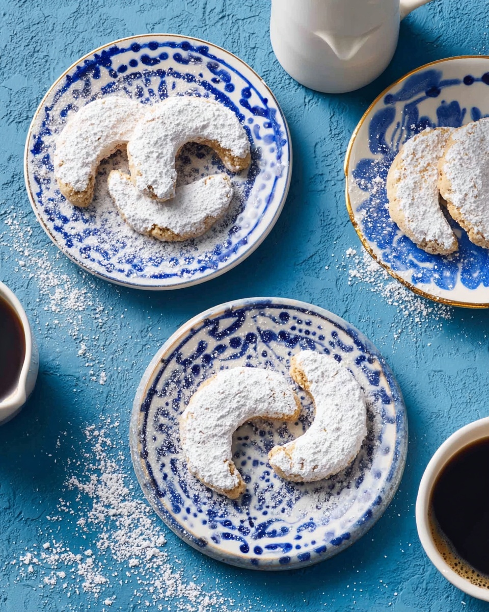 Three white plates with blue circular patterns each hold three crescent-shaped cookies covered in white powdered sugar, with some sugar scattered around them. The cookies are light brown beneath the sugar coating, and the biscuits have a rough, slightly crumbly texture visible at their edges. The plates are arranged on a blue textured surface, with parts of a white jug and a white cup containing dark liquid visible on the sides. Photo taken with an iphone --ar 4:5 --v 7