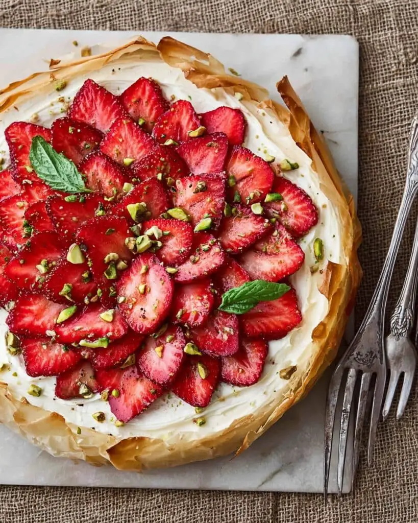 Strawberry Tart with Fillo Crust and Cheesy Feta-Pistachio Filling Recipe