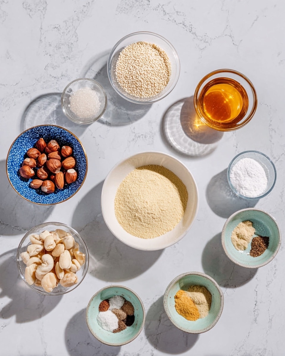 The image shows a top view of various small bowls and dishes arranged on a white marbled surface with ingredients inside. In the center, there is a white bowl filled with light yellow powder. Around it, starting from the top, there is a small white bowl with sesame seeds, a small glass filled with honey with a golden liquid, a small glass bowl with white powder, a small bowl with whole hazelnuts, another small bowl with peeled almonds, a small blue and white bowl with white granulated sugar, a light green bowl with powdered sugar, two small dishes with light brown and yellow spices, and two tiny dishes with dark brown and beige spices. The light and shadows suggest strong natural light. Photo taken with an iphone --ar 4:5 --v 7