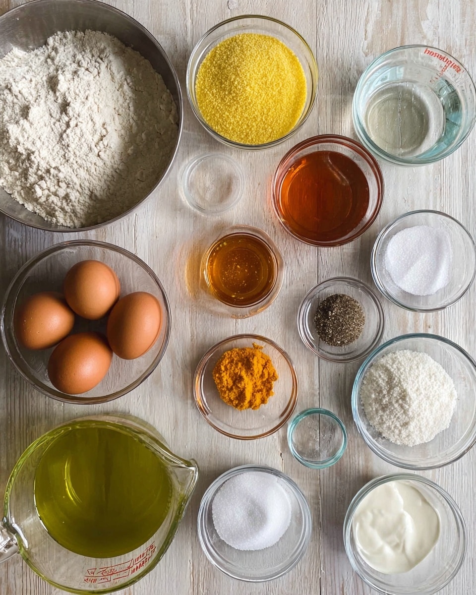 The image shows a top view of multiple small bowls and measuring cups arranged neatly on a wooden surface, all filled with different cooking ingredients. On the left side, there is a large metal bowl filled with white flour and a smaller glass bowl with yellow cornmeal. Below them, a small glass bowl holds three brown eggs. Toward the center, there is a large metal bowl with white granulated sugar. To the right of the sugar, a small glass cup contains a clear liquid, likely water, and above it, another glass bowl holds honey with a golden amber color. Near the middle of the image, a small glass bowl has a bright orange grated ingredient. Further right, a small bowl has black pepper and another has white salt. Near the bottom right, three small glass bowls contain white powders, likely baking soda, baking powder, and another kind of salt. A large glass measuring cup filled with light green olive oil is near the bottom center and another measuring cup with white liquid, probably milk, is at the top right. All items are placed on a white marbled texture surface. photo taken with an iphone --ar 4:5 --v 7