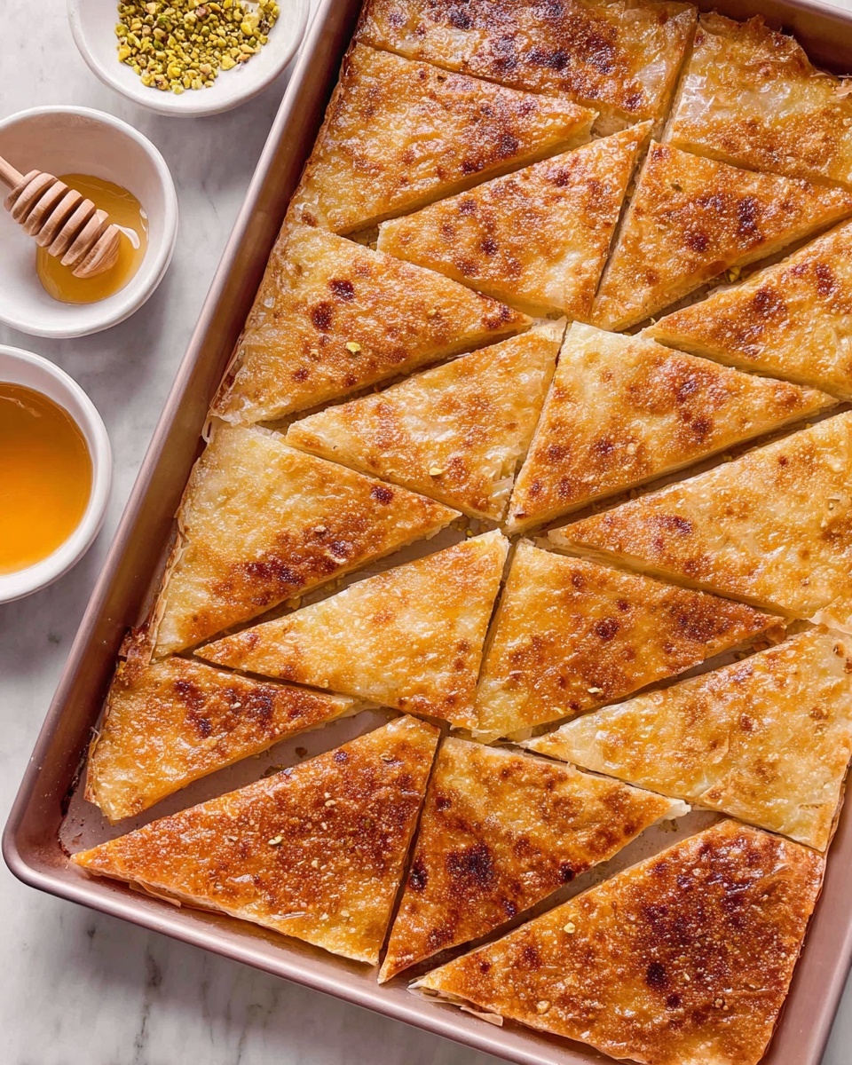 The image shows a tray filled with a large baked flat pastry, divided into triangular pieces. The top layer is golden brown and crispy with some darker brown spots, indicating it is well-baked. The edges have some slightly darker crispy parts. The pastry looks thin and flaky, covering the whole tray evenly. Next to the tray, there are two small white bowls, one with honey and a honey dipper resting on it, and the other with crushed pistachio nuts, both placed on a white marbled surface. photo taken with an iphone --ar 4:5 --v 7